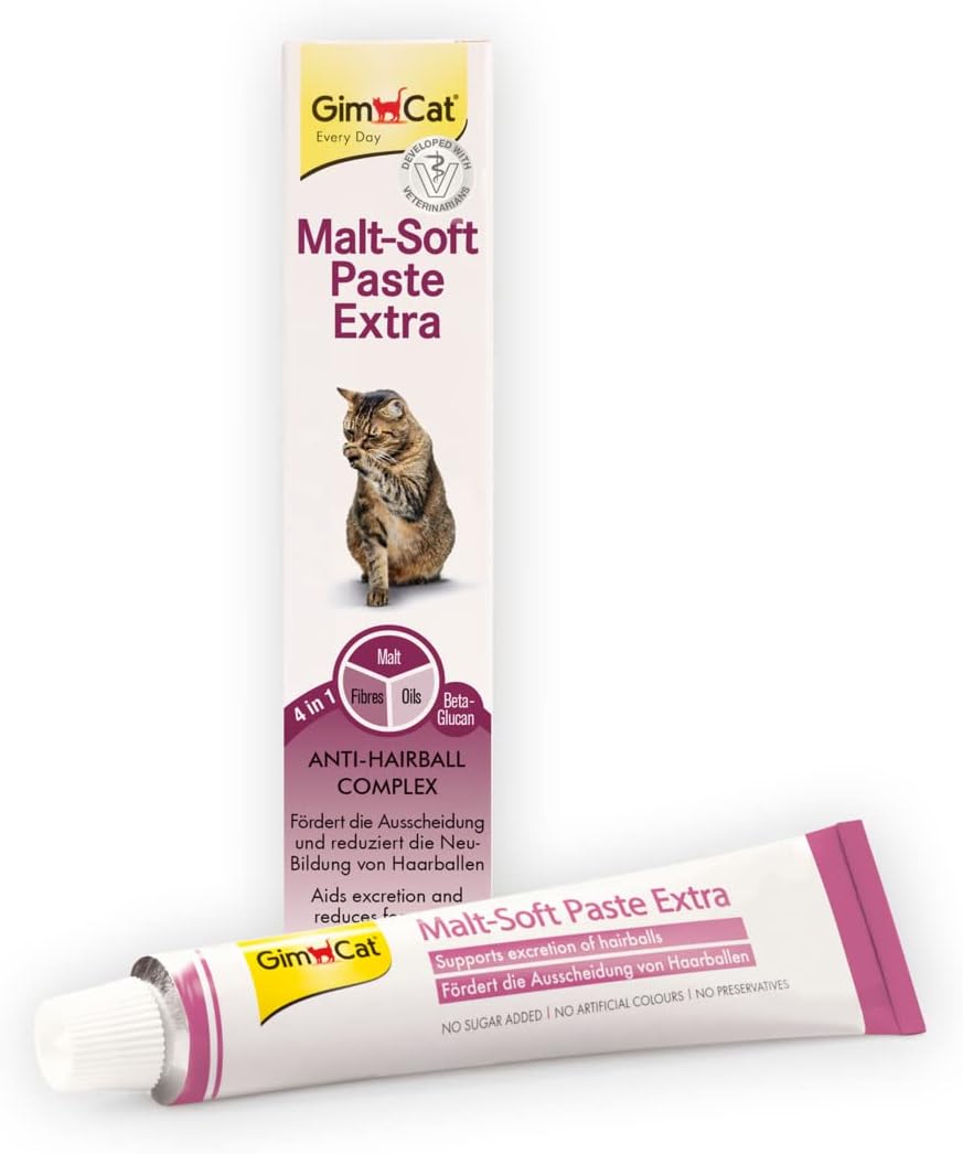 Bild einer Gimpet Malt-Soft Paste Extra, Malzpaste für Katzen, die speziell als Anti-Haarballen-Produkt entwickelt wurde. Die Verpackung besteht aus einer Tube und einer Schachtel mit einem Katzenbild und Produktinformationen. Es wird behauptet, dass es bei der Ausscheidung von Haarballen hilft, ohne Zuckerzusatz, ohne künstliche Farbstoffe und ohne Konservierungsstoffe.