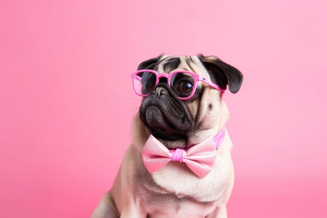 Ein geschlechtsreifer Mops mit leuchtend rosa Brille und passender rosa Fliege sitzt vor einem einfarbig rosa Hintergrund. Die Hündinnen scheinen leicht nach rechts zu blicken.